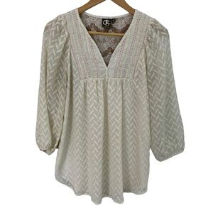 One September Boho Peasant Top Womens S Cream Pink Gold Gauzy Feminine VGUC